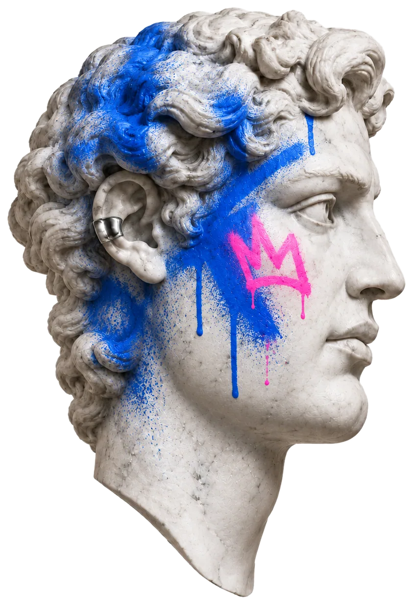 Buste sculpté couvert de peinture bleue et d’un signe rose.
