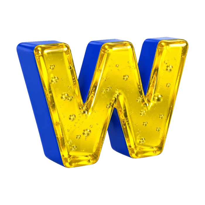 Un W en gelée jaune translucide sur une tranche bleu roi.