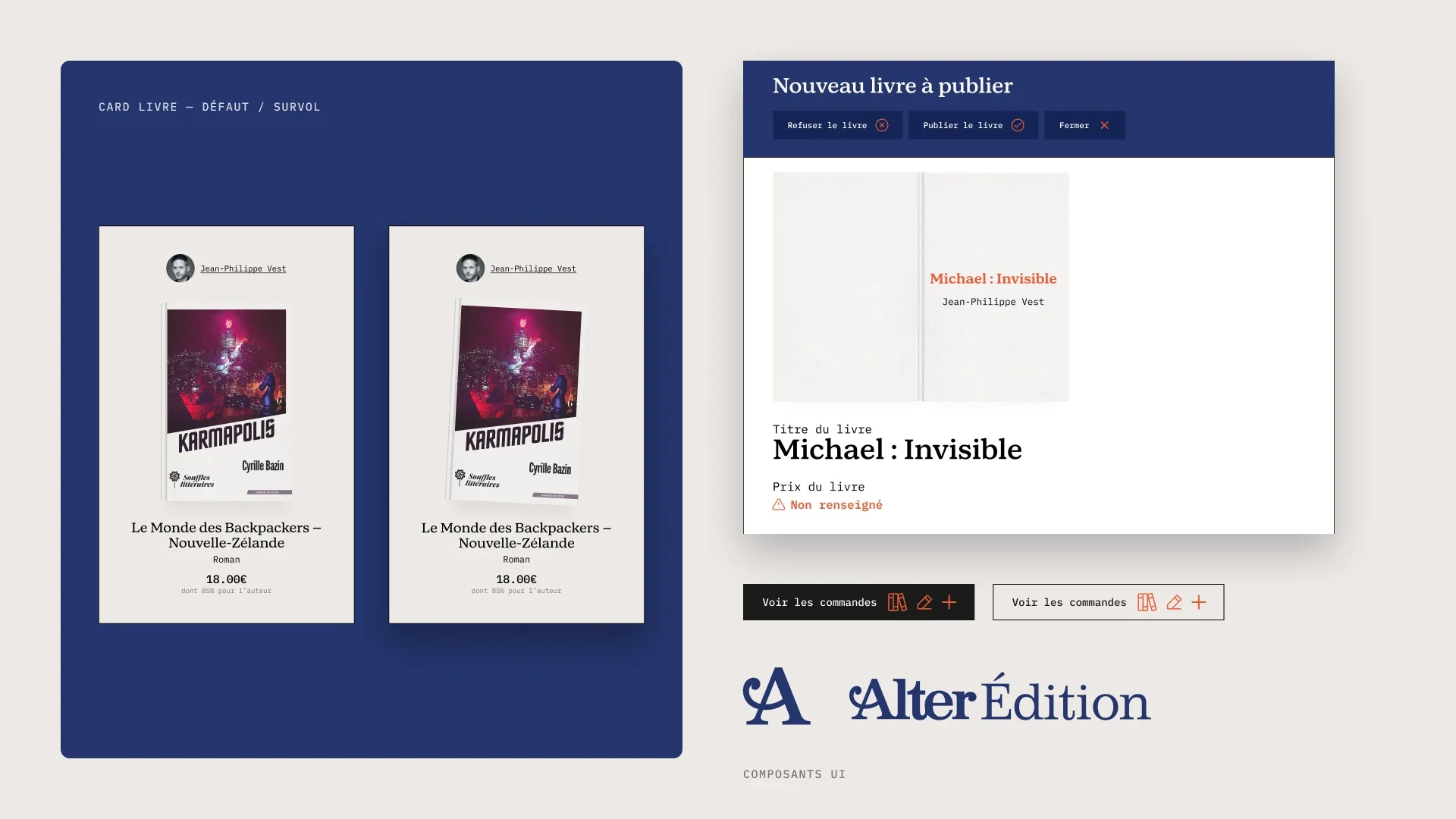Composants d’interface Alter Édition : carte livre au repos et au survol, fenêtre de modération, boutons et logotype.