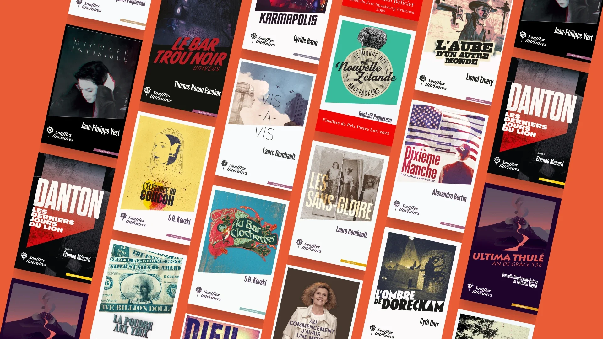 Couvertures de livres publiés sur la plateforme, en colonnes inclinées sur fond terracotta.