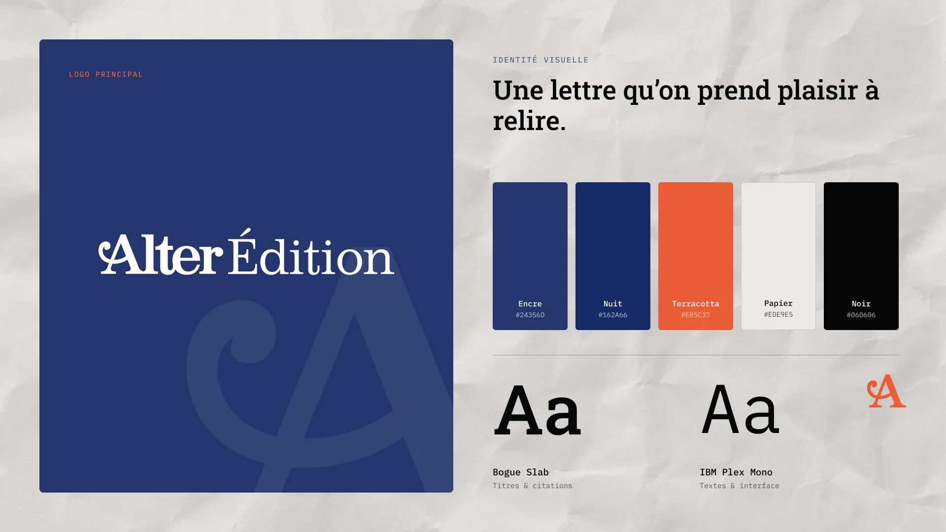Planche d’identité Alter Édition : logotype blanc sur bleu encre, palette encre, nuit, terracotta, papier et noir, typographies Bogue Slab et IBM Plex Mono.