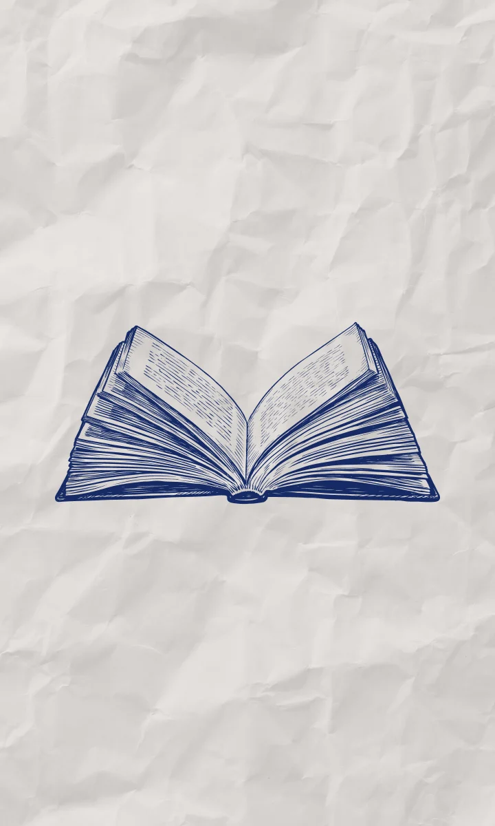 Illustration gravée d’un livre ouvert, bleu encre sur papier froissé.