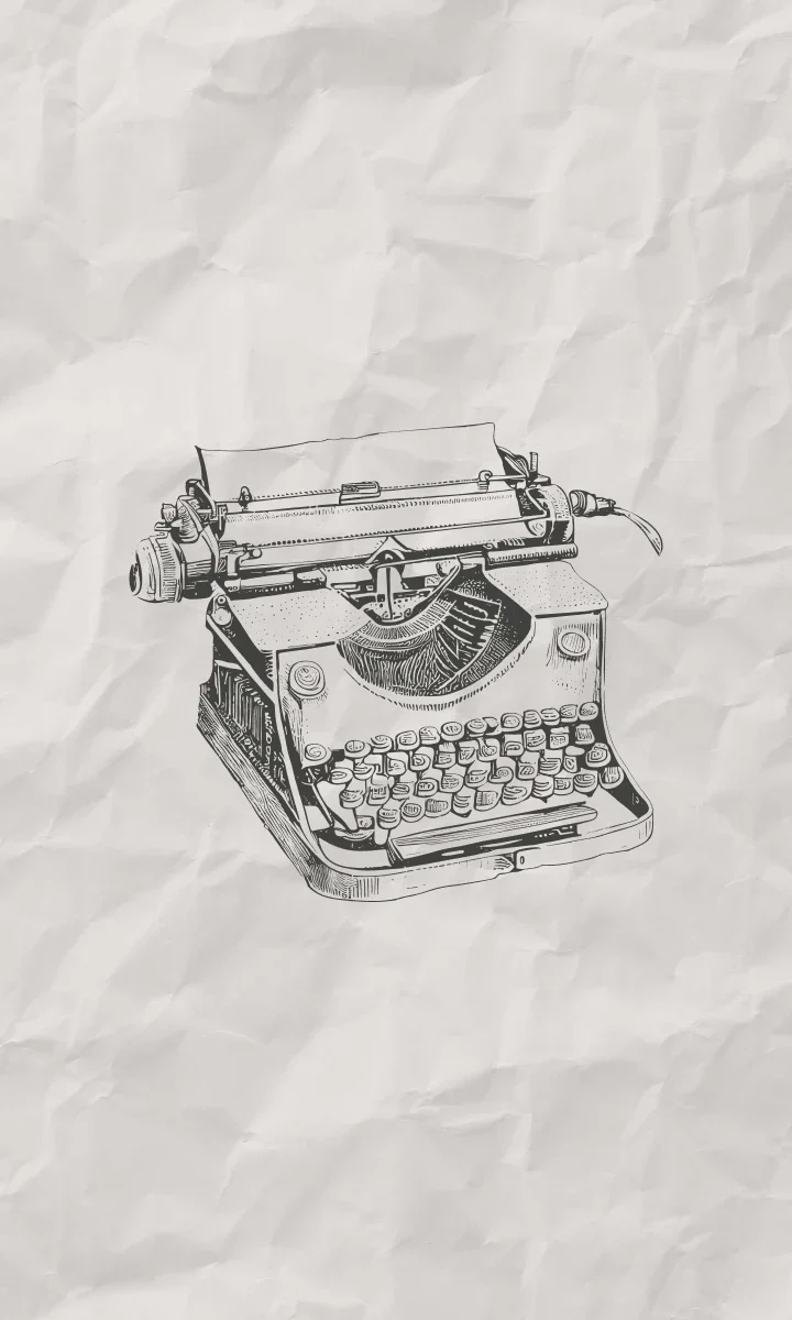 Illustration gravée d’une machine à écrire sur papier froissé.