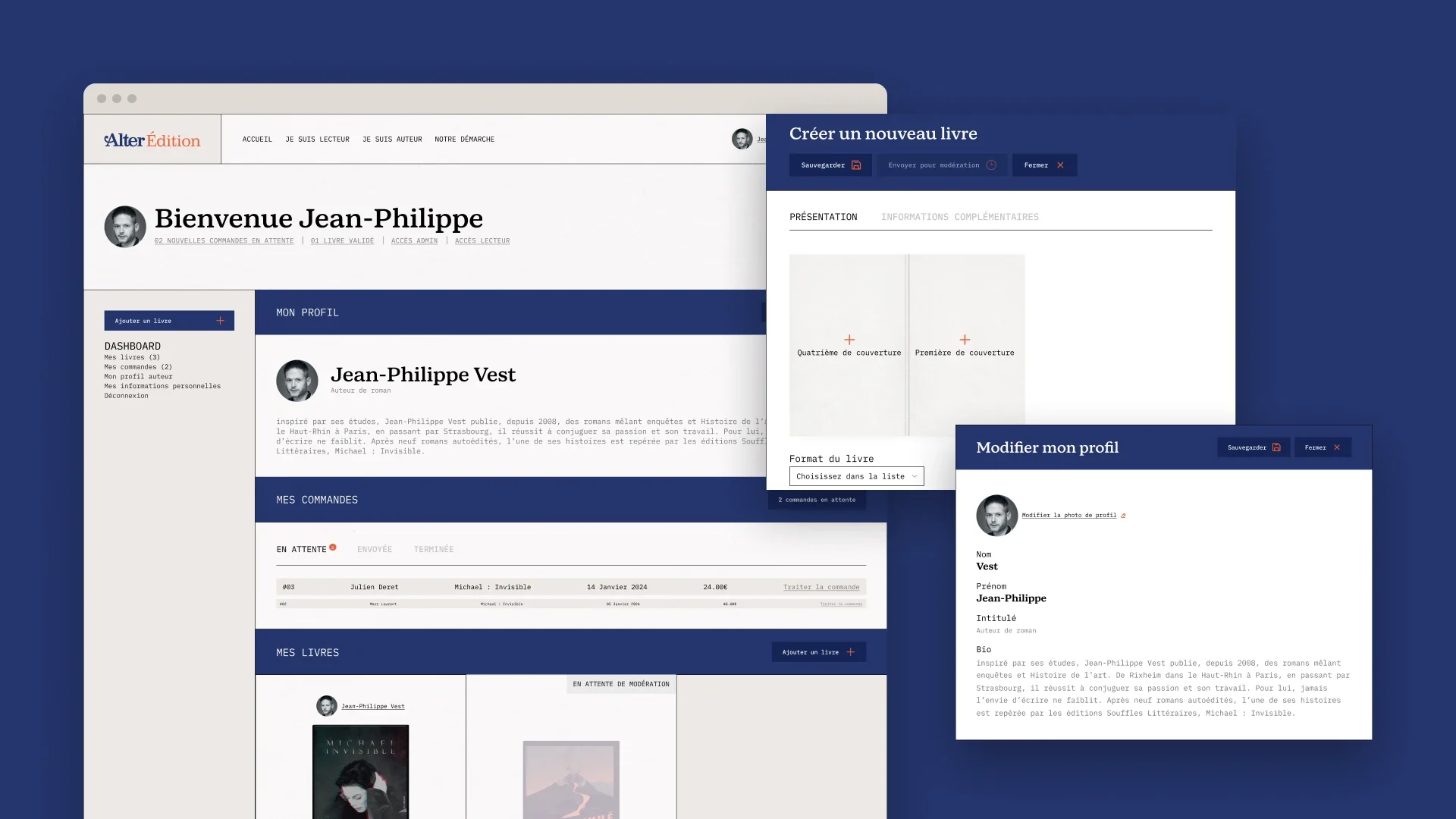Espace auteur de la plateforme Alter Édition, avec les fenêtres « Créer un nouveau livre » et « Modifier mon profil ».