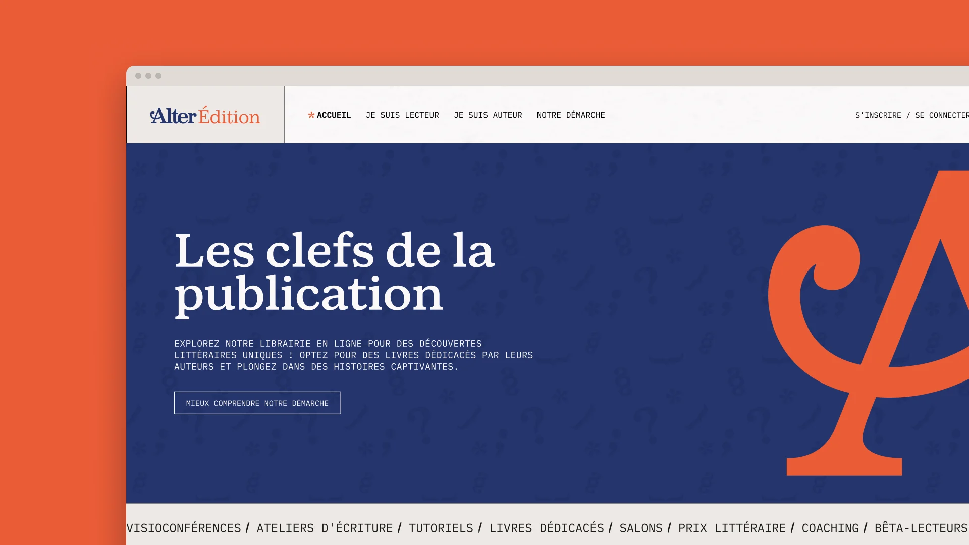 Accueil du site Alter Édition dans un navigateur : titre « Les clefs de la publication » et grand monogramme terracotta.