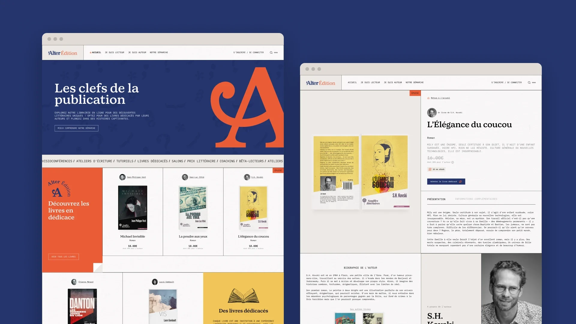 Deux pages du site Alter Édition : l’accueil « Les clefs de la publication » et la fiche du livre L’Élégance du coucou.