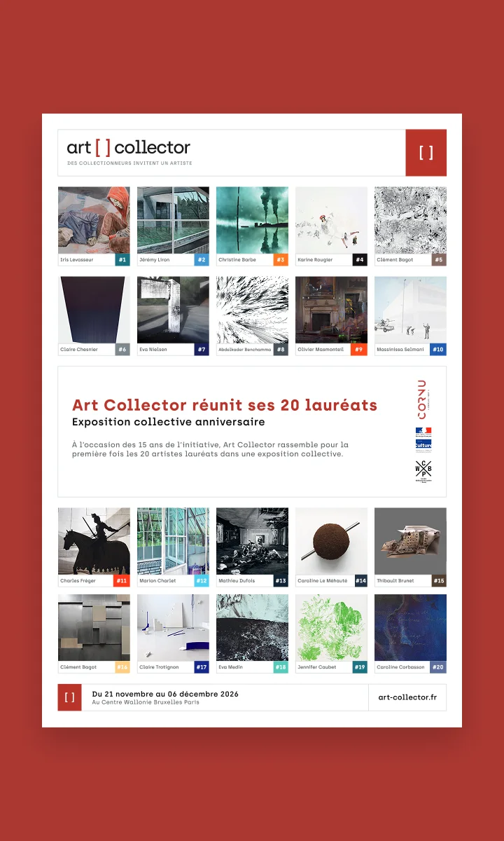 Flyer Art Collector « Art Collector réunit ses 20 lauréats » sur fond rouge.