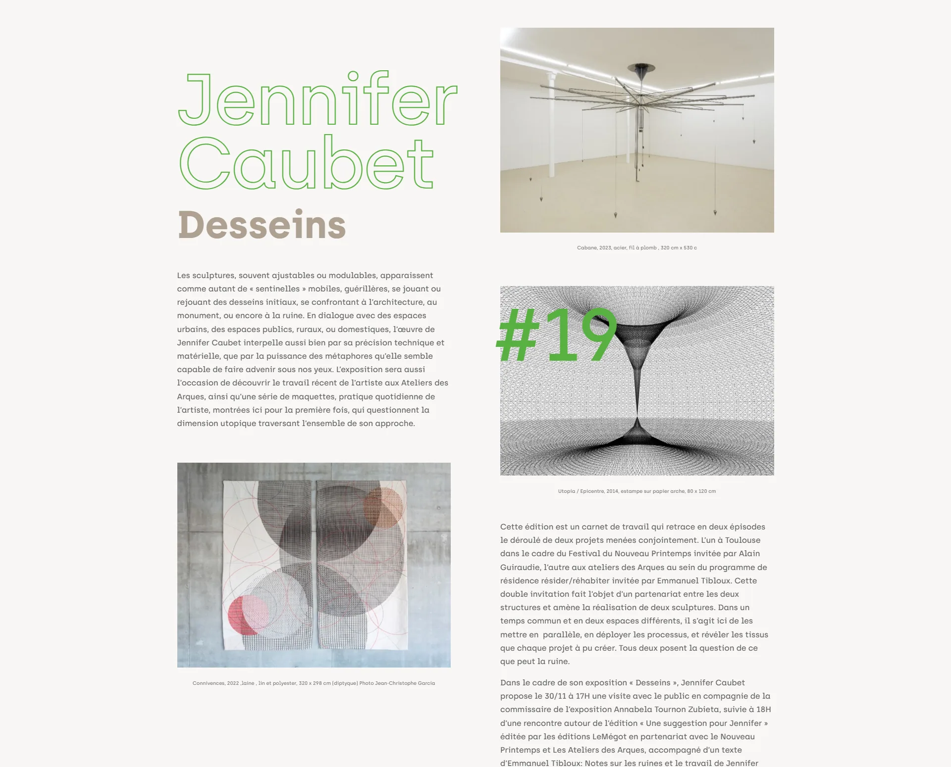 Capture de la page Jennifer Caubet sur le site Art Collector : composition sur deux colonnes mêlant typographie, œuvres et textes.