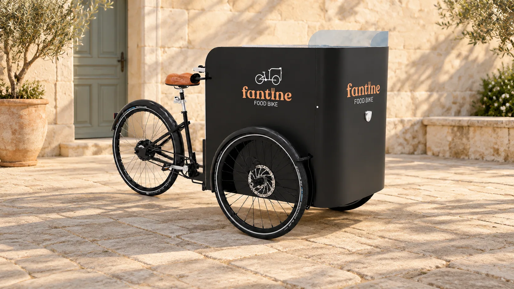 Mise en situation du triporteur Fantine Food Bike dans une cour.
