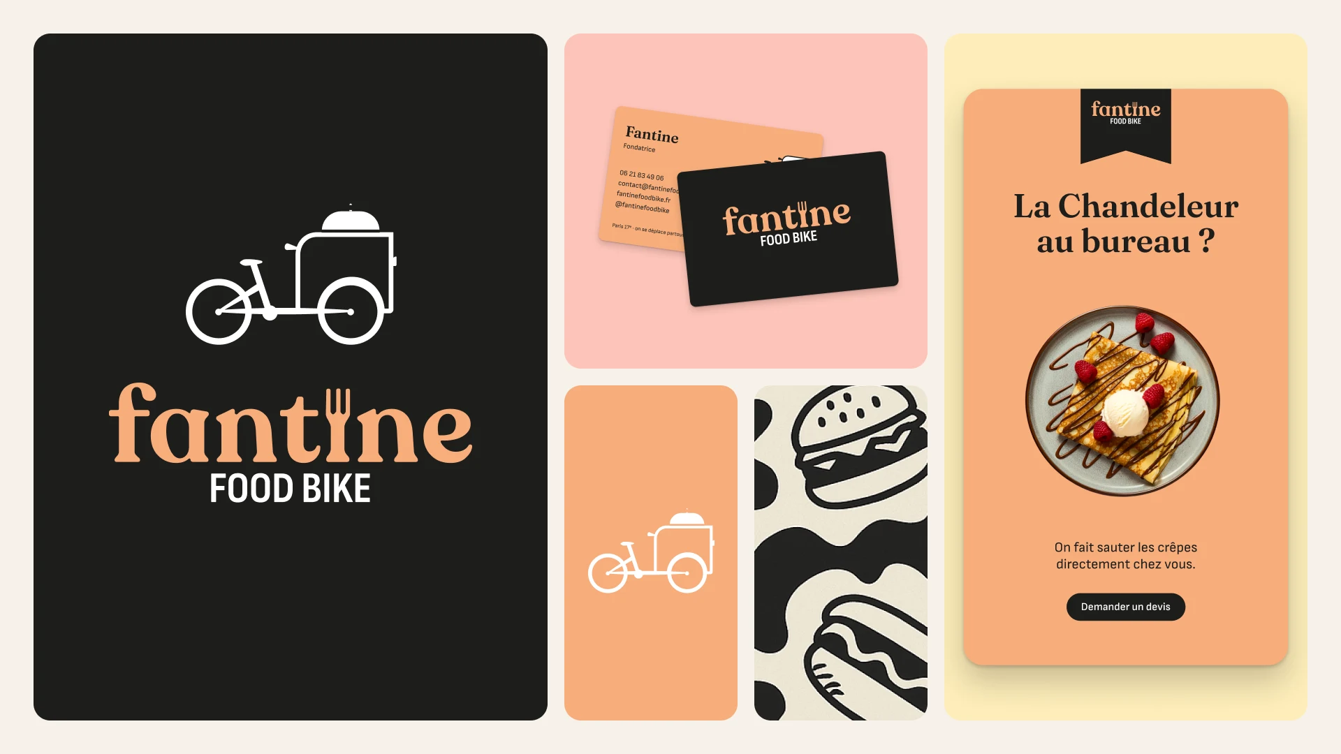 Identité Fantine Food Bike : logo et triporteur sur fond noir, cartes de visite, pictogramme du triporteur, motif d’illustrations et story « La Chandeleur au bureau ? ».