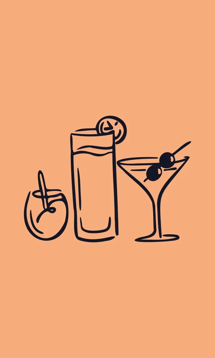 Illustration de trois verres à cocktail sur fond orange.