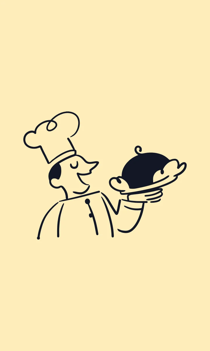 Illustration d’un chef présentant un plat sous cloche, sur fond jaune pâle.