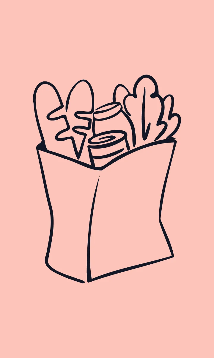 Illustration d’un sac de courses rempli de pain et de légumes, sur fond rose.