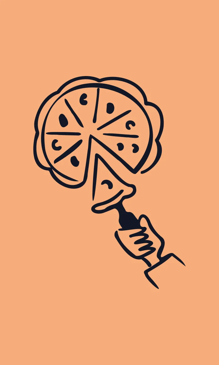 Illustration d’une main servant une part de tarte, sur fond orange.