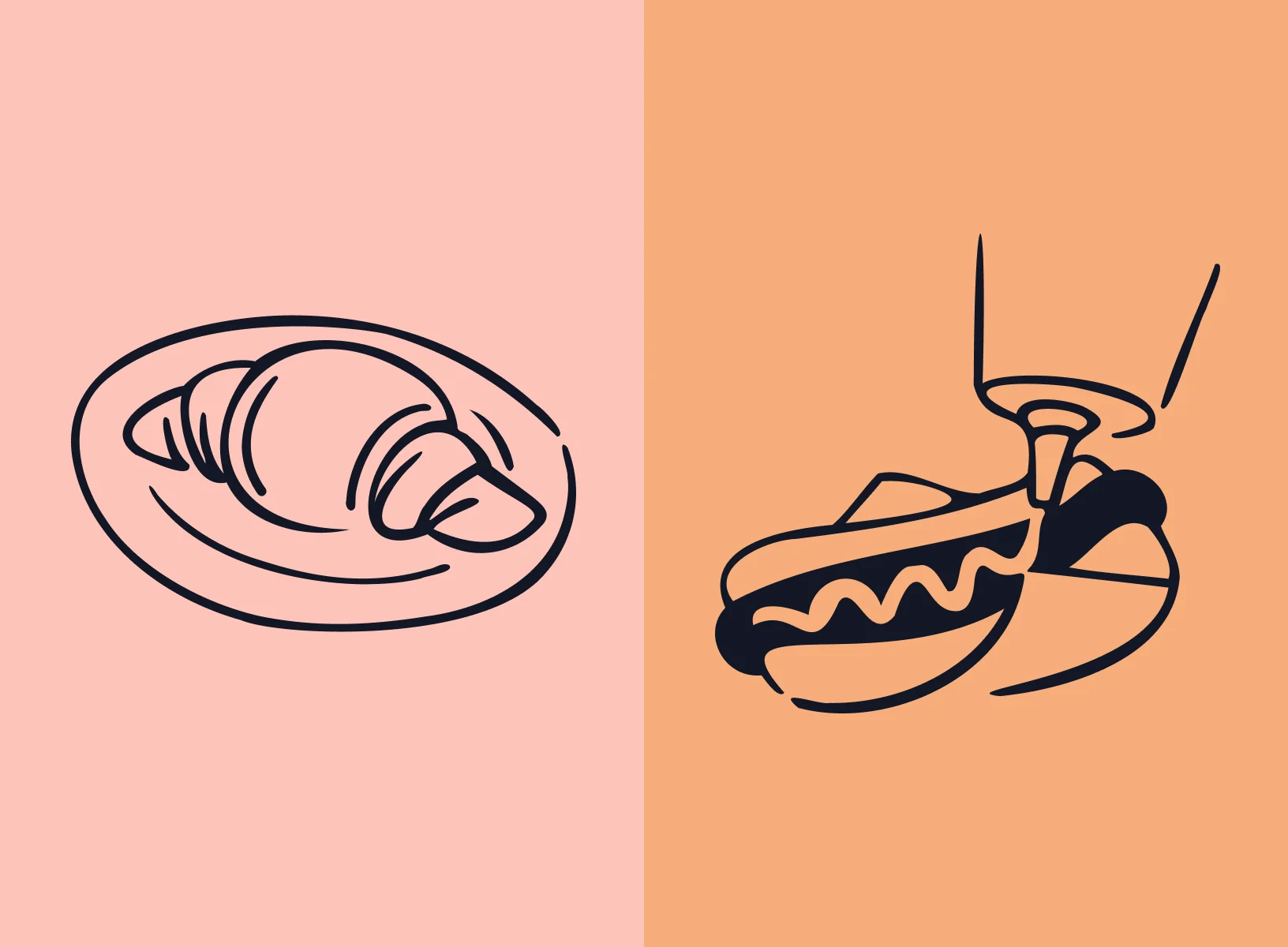 Deux illustrations Fantine Food Bike : un croissant sur fond rose et un hot-dog sur fond orange.