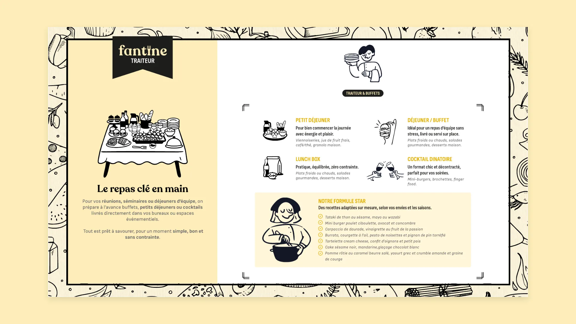 Plaquette Fantine Food Bike, volet traiteur et buffets.