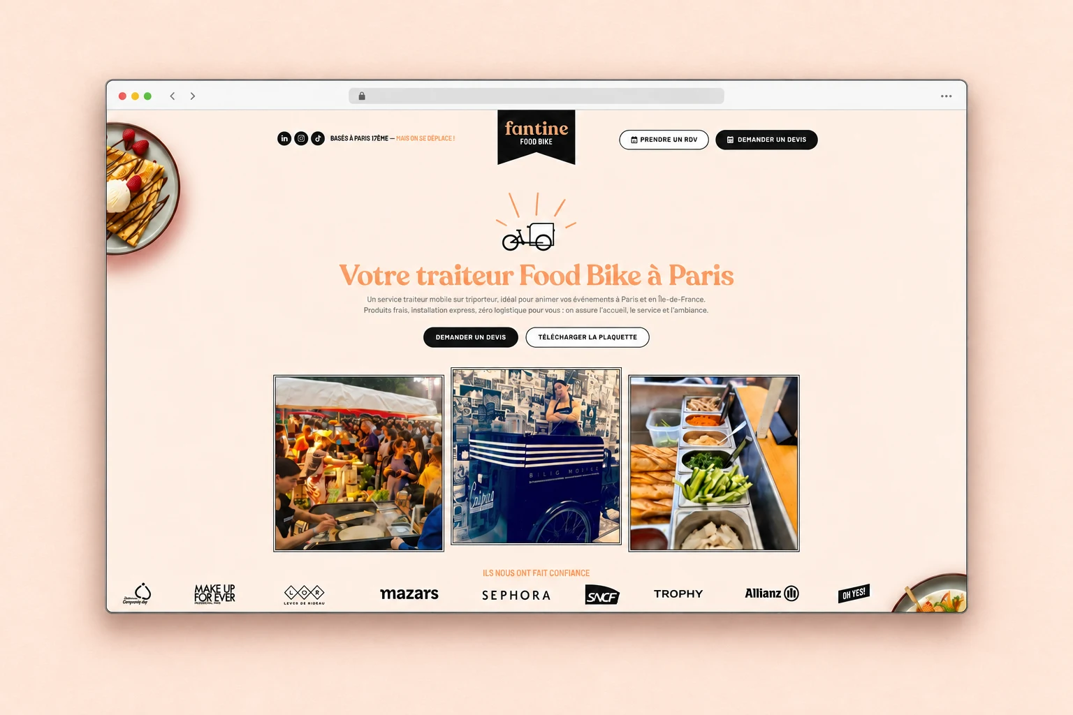Page d’accueil du site Fantine Food Bike présentée dans un navigateur sur un fond pêche rosé.