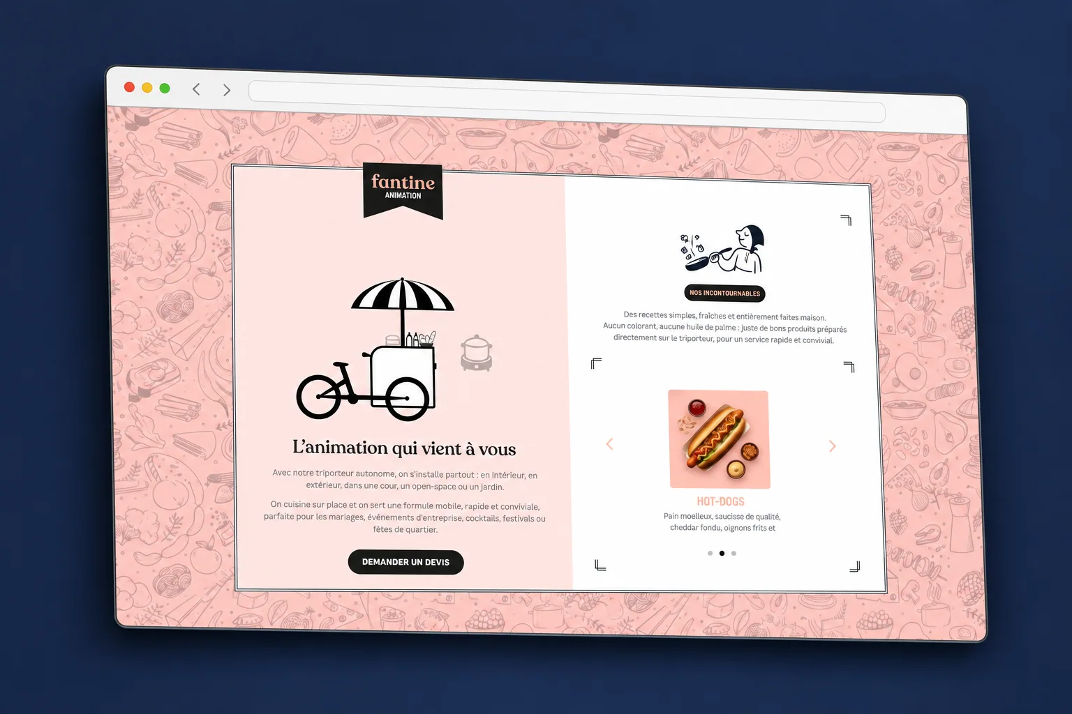 Présentation des services sur le site Fantine Food Bike.