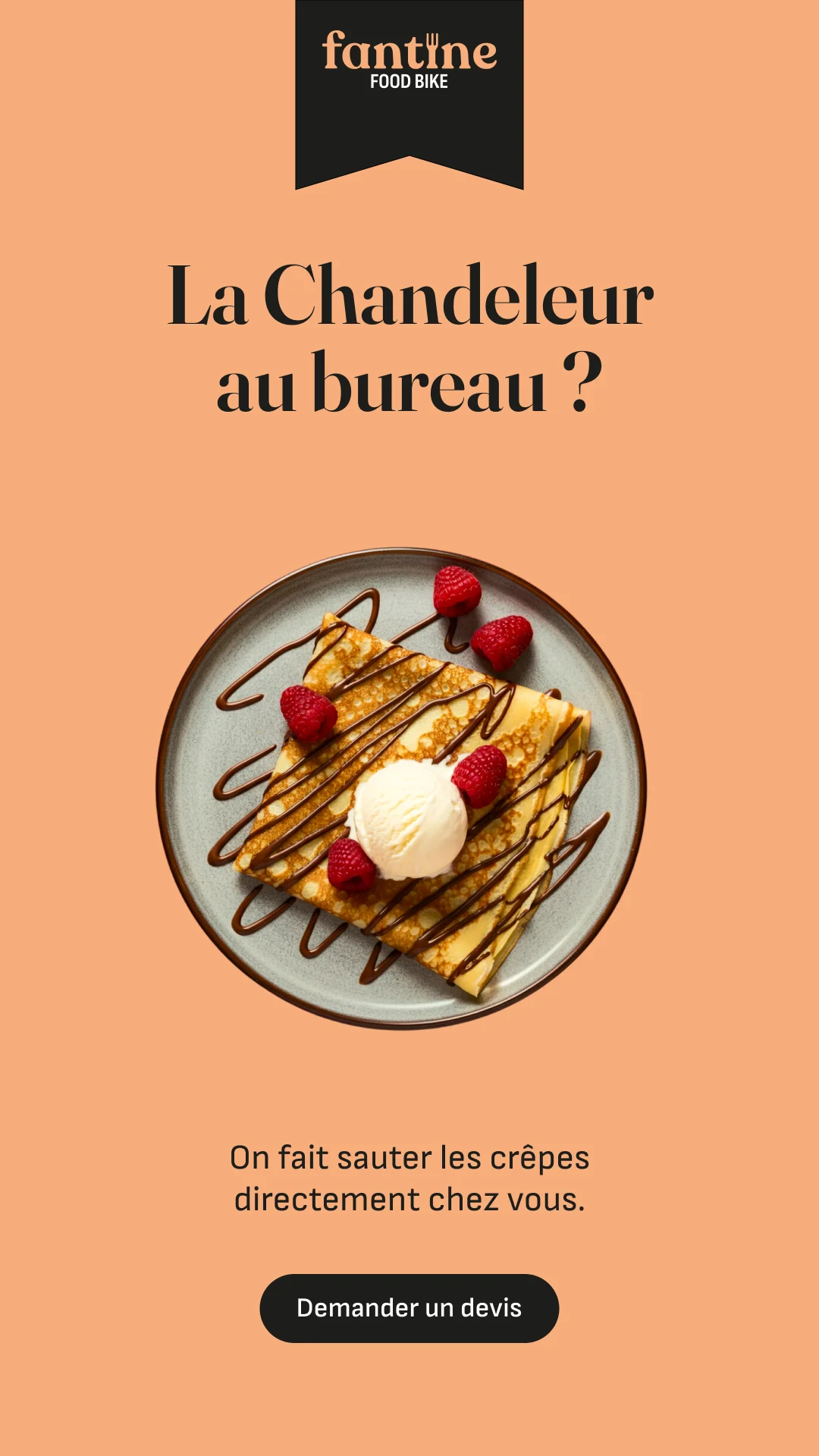 Story « La Chandeleur au bureau ? » : une crêpe au chocolat et aux framboises sur fond orange.
