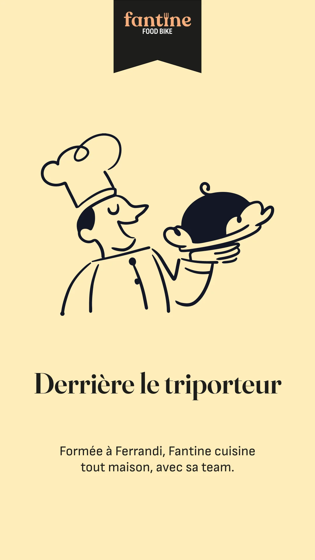 Story « Derrière le triporteur » : illustration d’un chef portant un plat, sur fond jaune pâle.