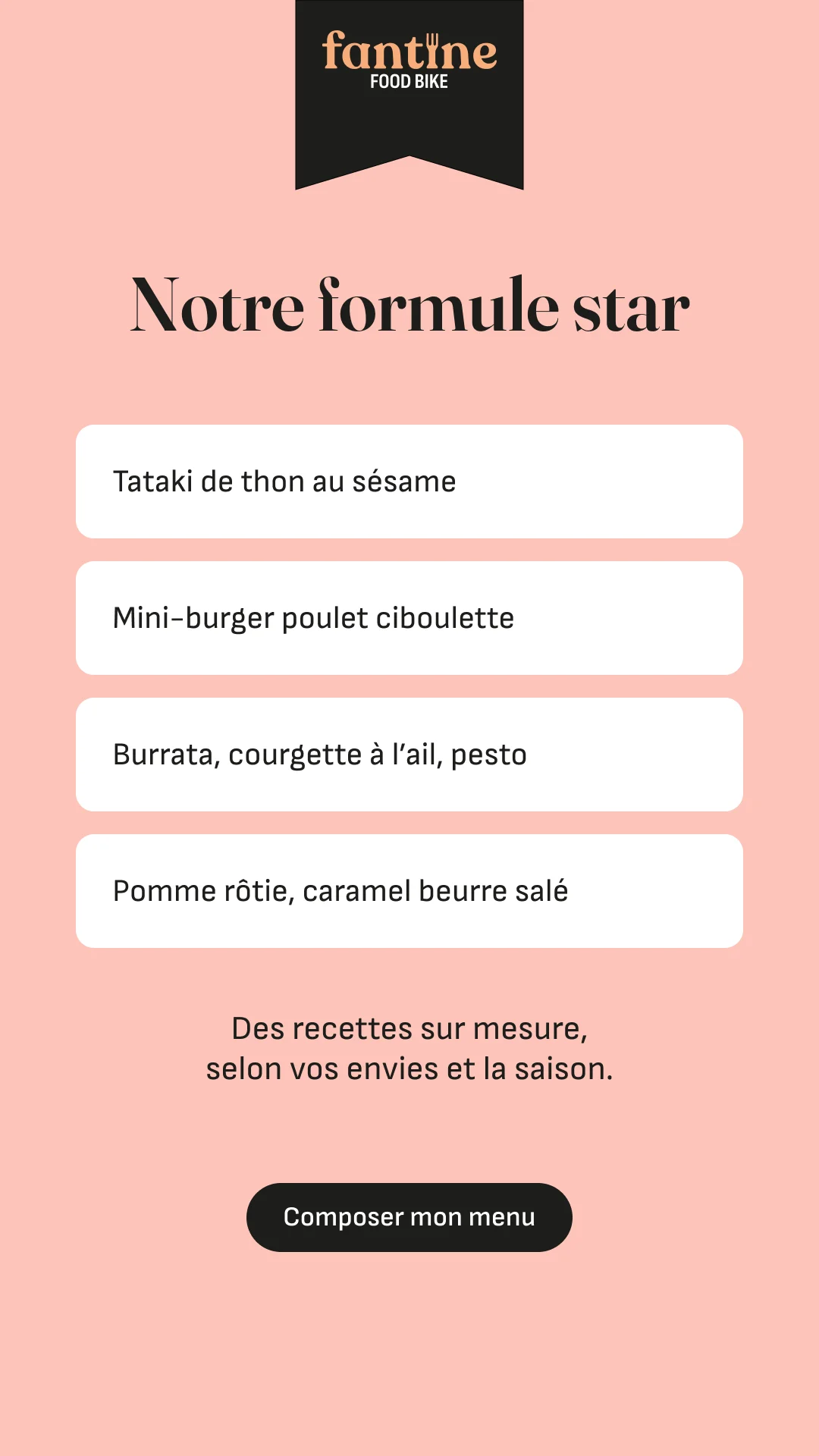 Story « Notre formule star » : quatre plats listés dans des cartes blanches, sur fond rose.