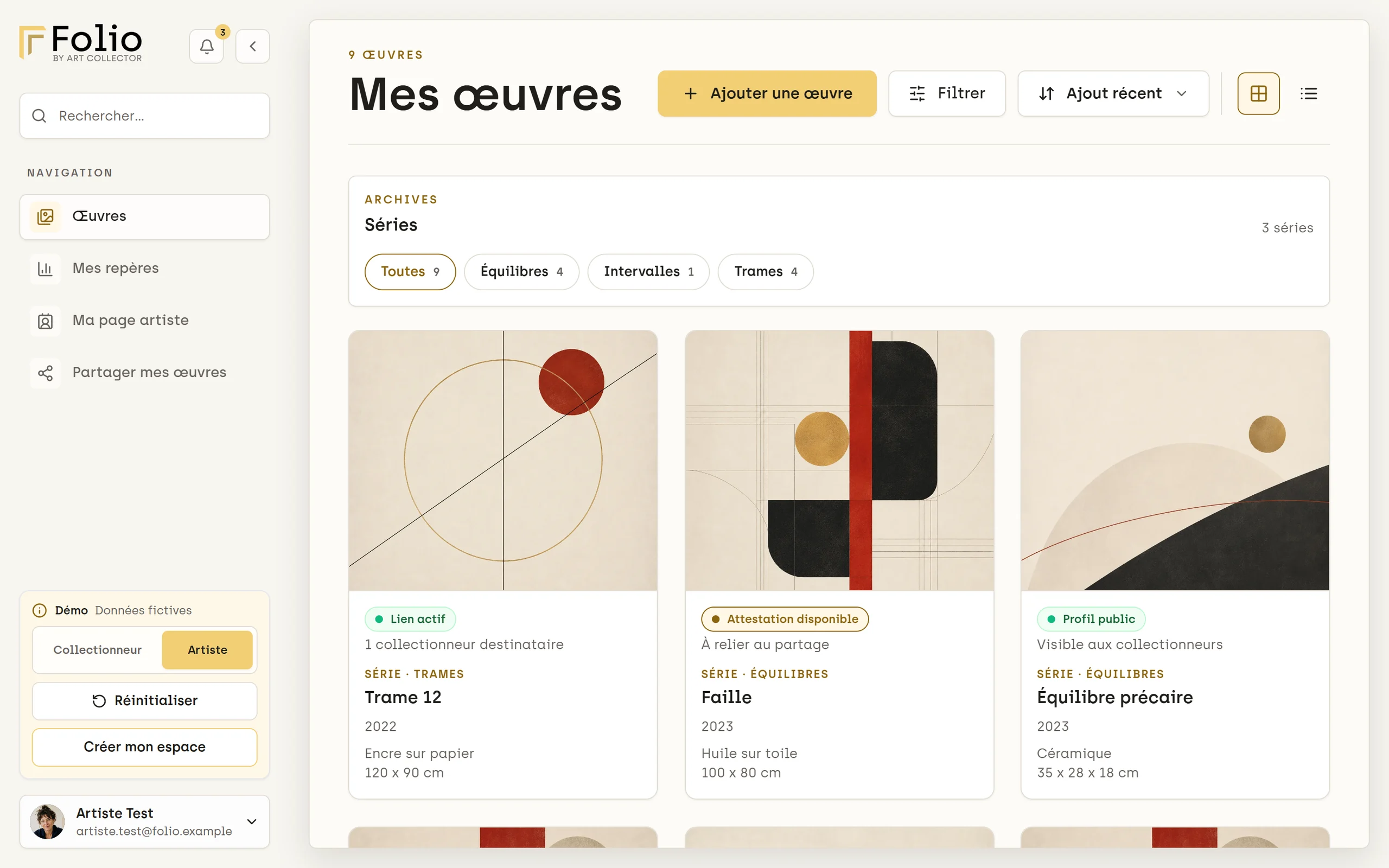 Démo artiste de Folio : « Mes œuvres » classées par séries.