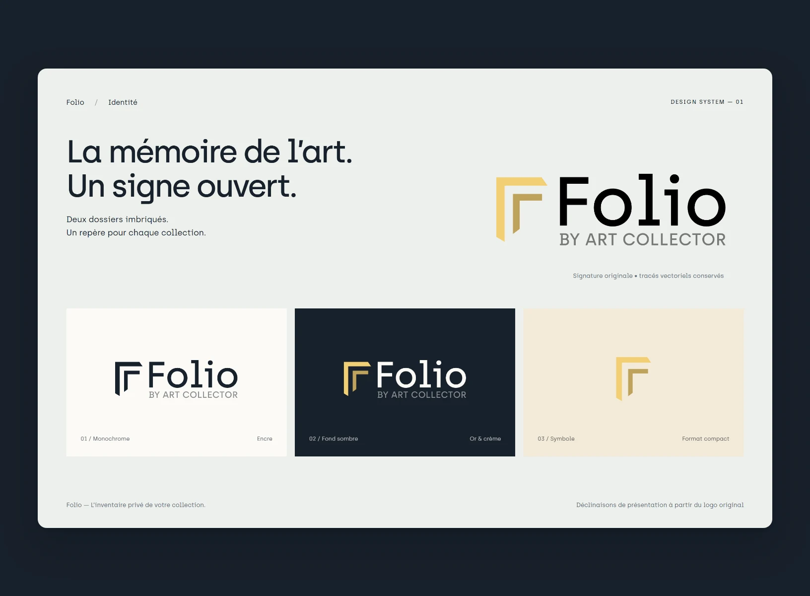 Planche d’identité Folio « La mémoire de l’art. Un signe ouvert. » : logo et déclinaisons sur fonds clair, nuit et sable.