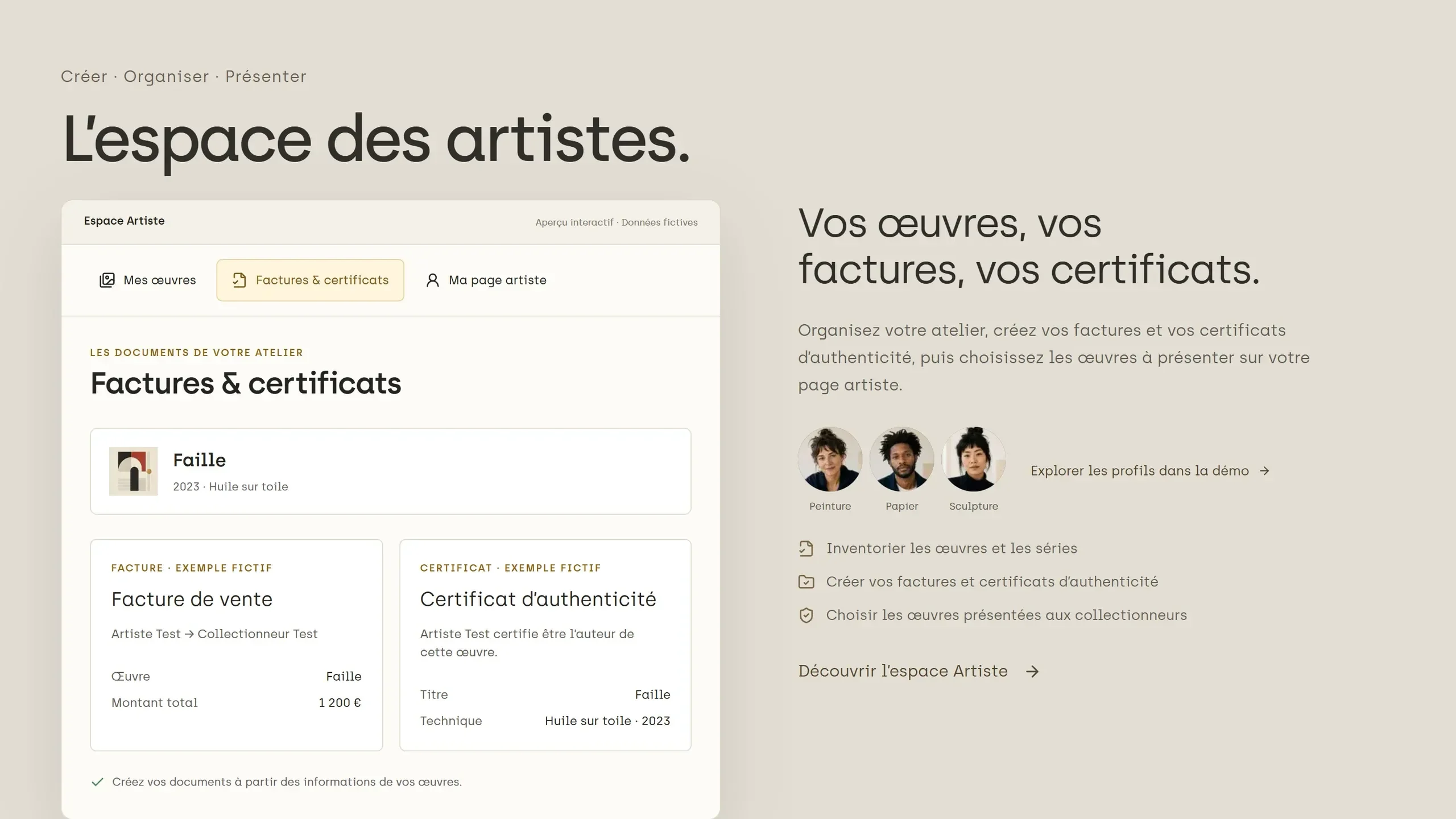 Section « L’espace des artistes » : factures et certificats générés depuis l’atelier.