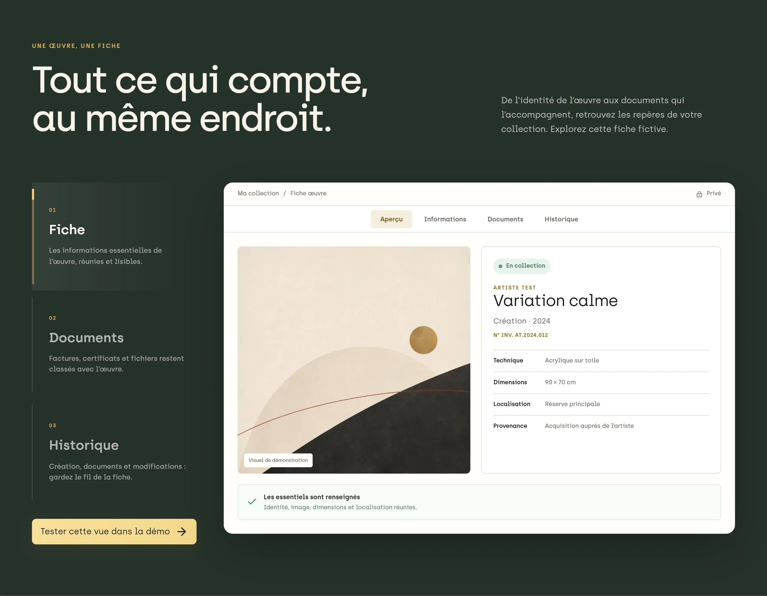 Section « Tout ce qui compte, au même endroit » de la landing Folio : la fiche d’une œuvre, ses documents et son historique.