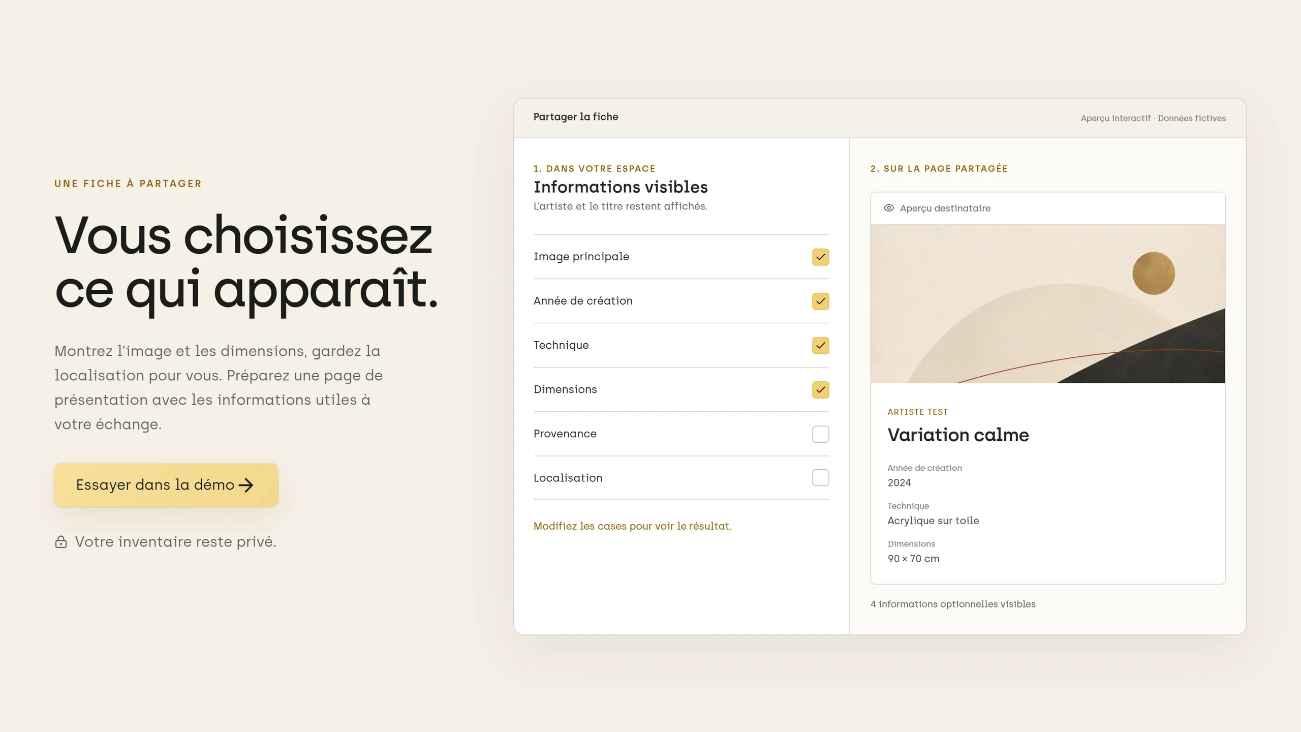 Section « Vous choisissez ce qui apparaît » : les informations visibles sur la fiche partagée.