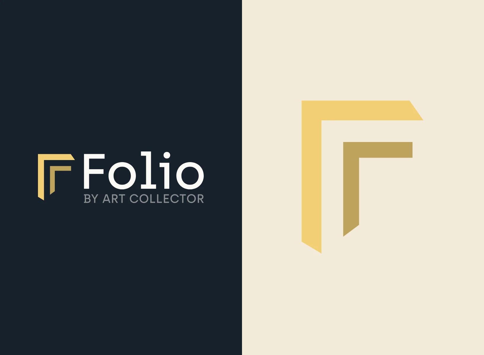 Logo Folio by Art Collector sur fond nuit et son icône en équerre dorée sur fond sable.