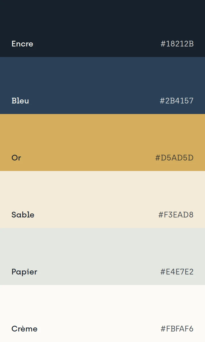 Palette Folio : encre, bleu, or, sable, papier et crème.