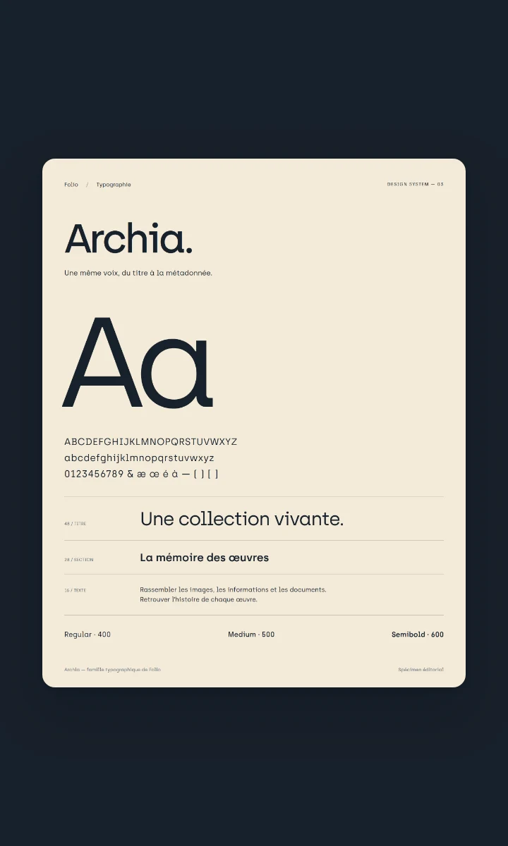 Planche typographique Folio : la famille Archia et sa hiérarchie de titres.