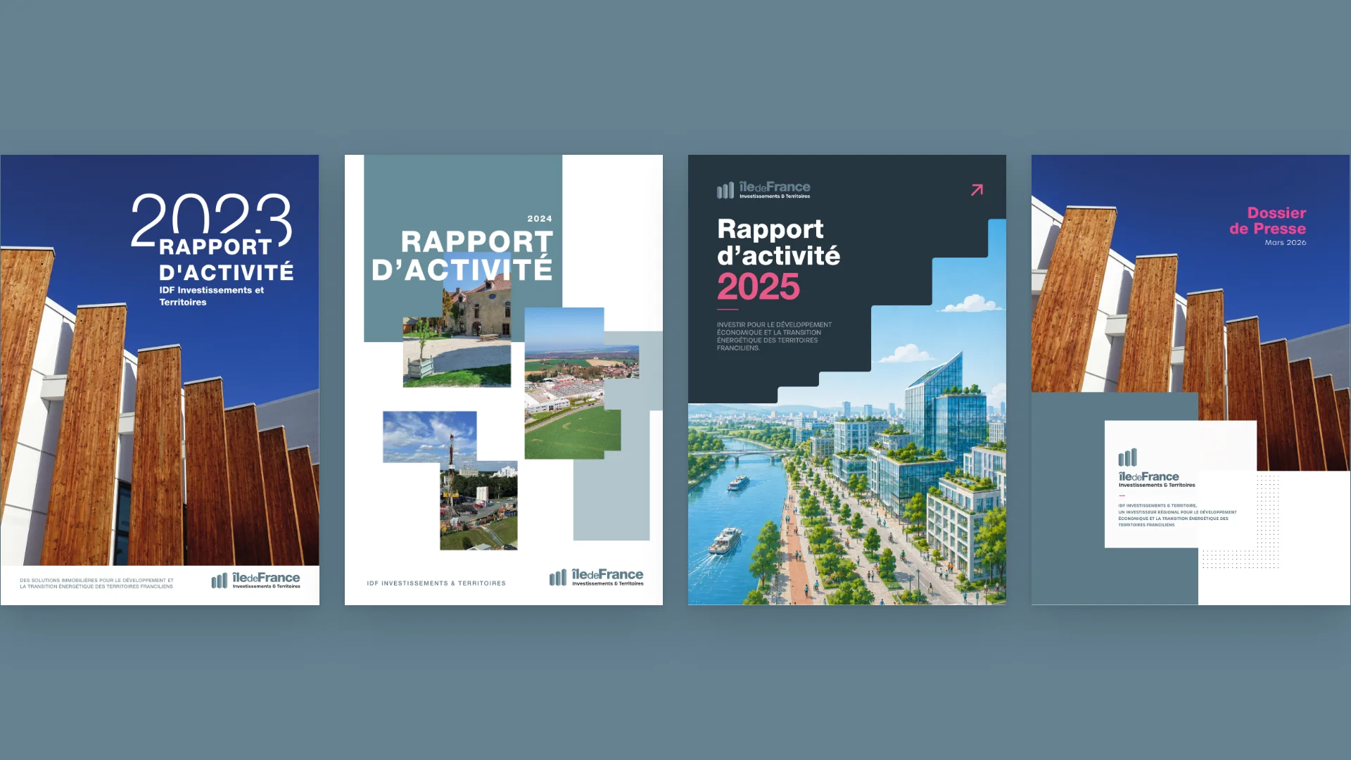 Couvertures des rapports d’activité 2023, 2024 et 2025 et du dossier de presse 2026.