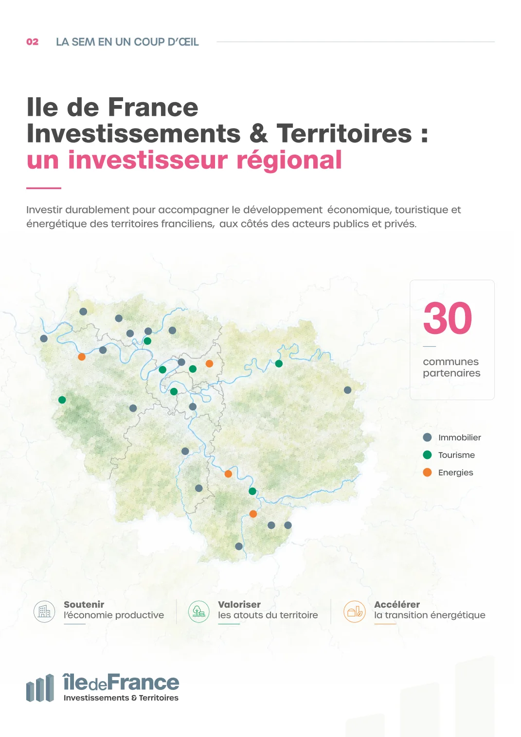 Page « La SEM en un coup d’œil » : carte des communes partenaires en Île-de-France.
