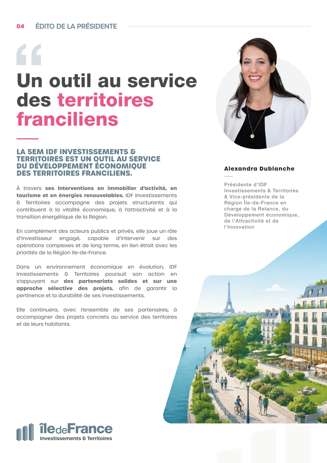 Page de l’édito de la présidente, avec son portrait et une illustration de bord de Seine.