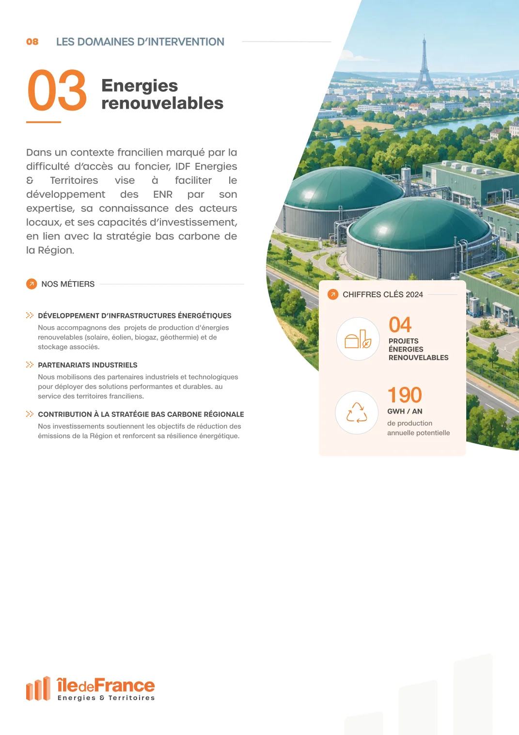 Page du domaine Énergies renouvelables, avec une illustration de méthaniseur.