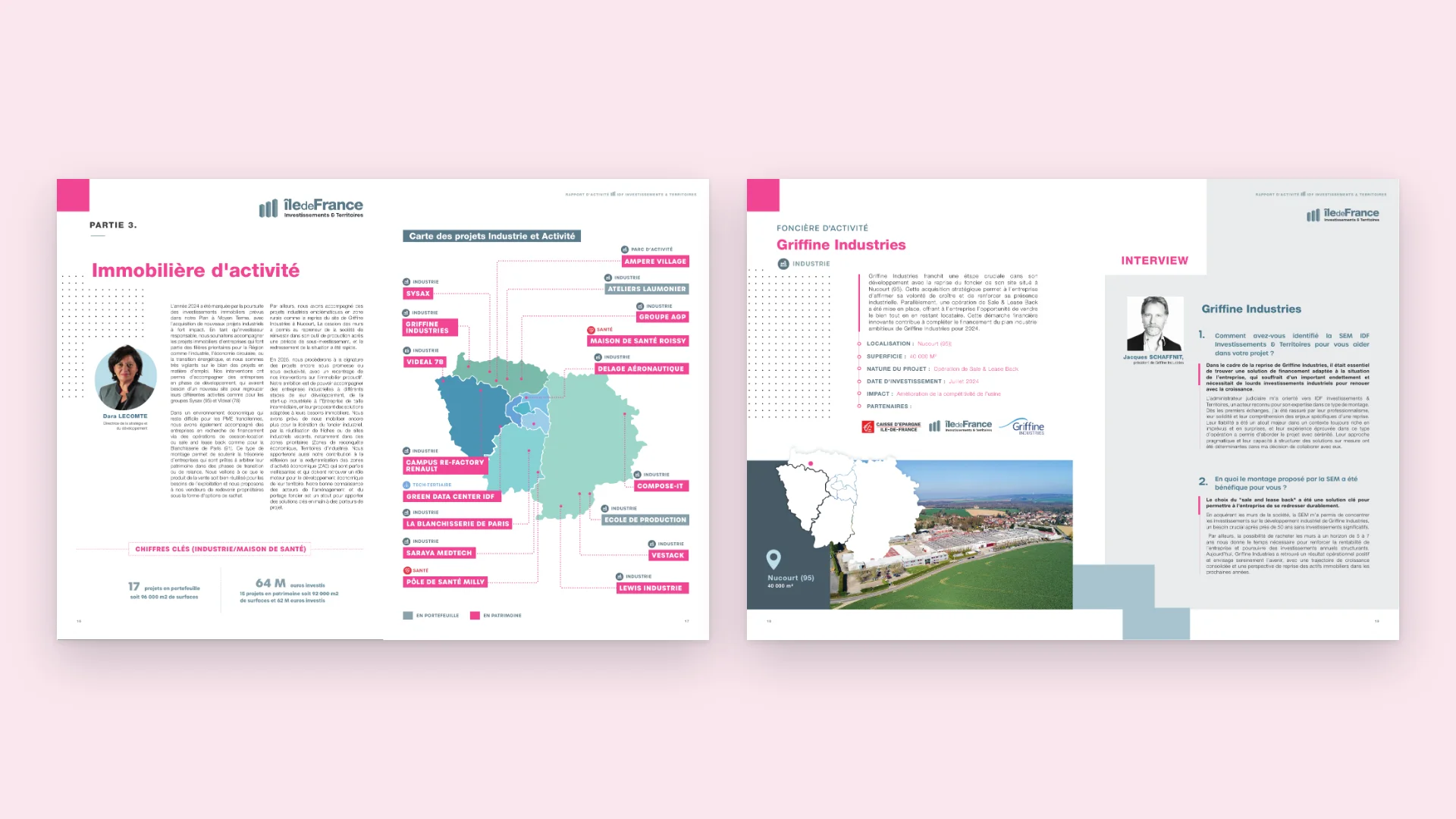 Doubles pages du rapport 2024 : immobilier d’activité, carte des projets et interview.