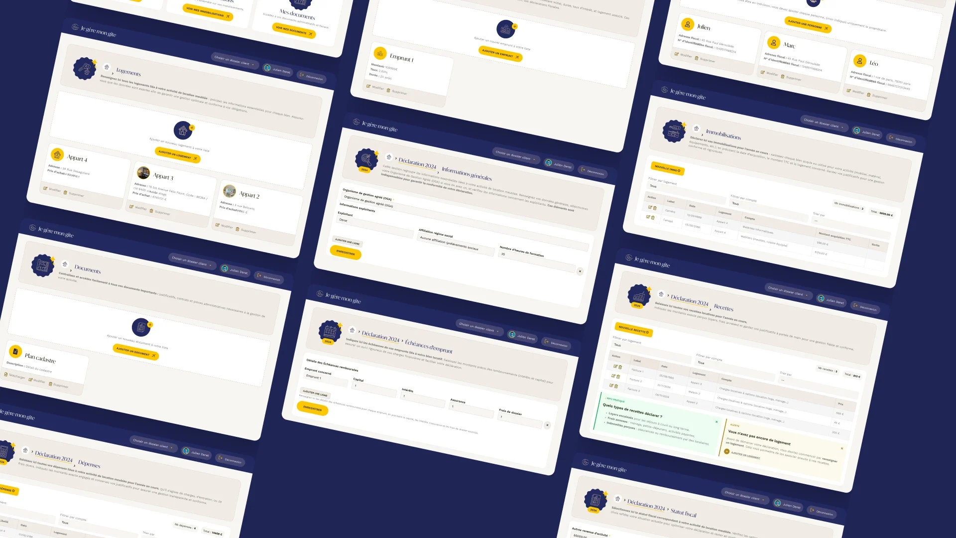 Écrans de l’application Je gère mon gîte en mosaïque inclinée : logements, documents, emprunts, immobilisations, recettes.