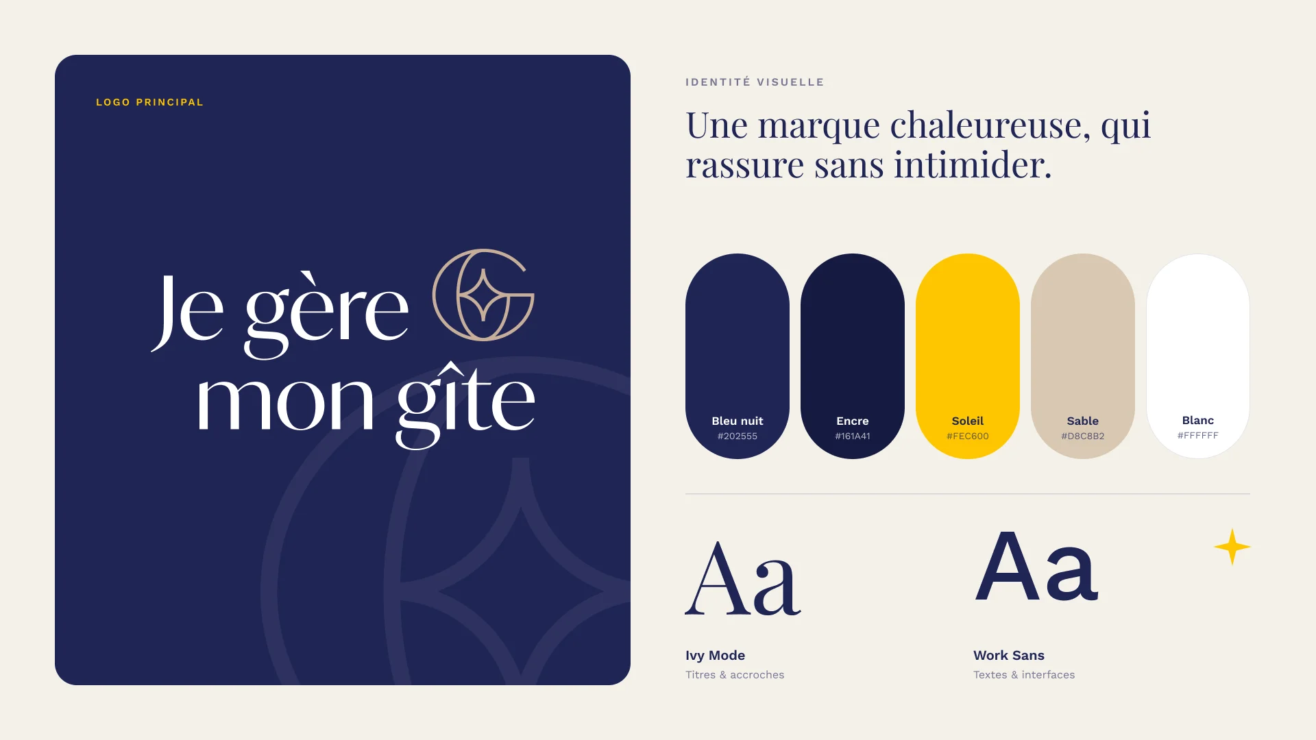 Planche d’identité visuelle Je gère mon gîte : logo sur bleu nuit, palette bleu nuit, encre, soleil, sable et blanc, typographies Ivy Mode et Work Sans.
