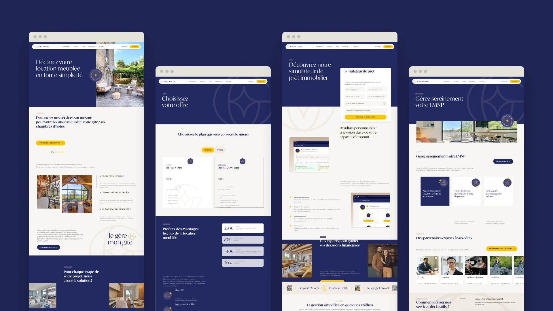 Quatre pages du site vitrine Je gère mon gîte : accueil, offres, simulateur de prêt et gestion LMNP.