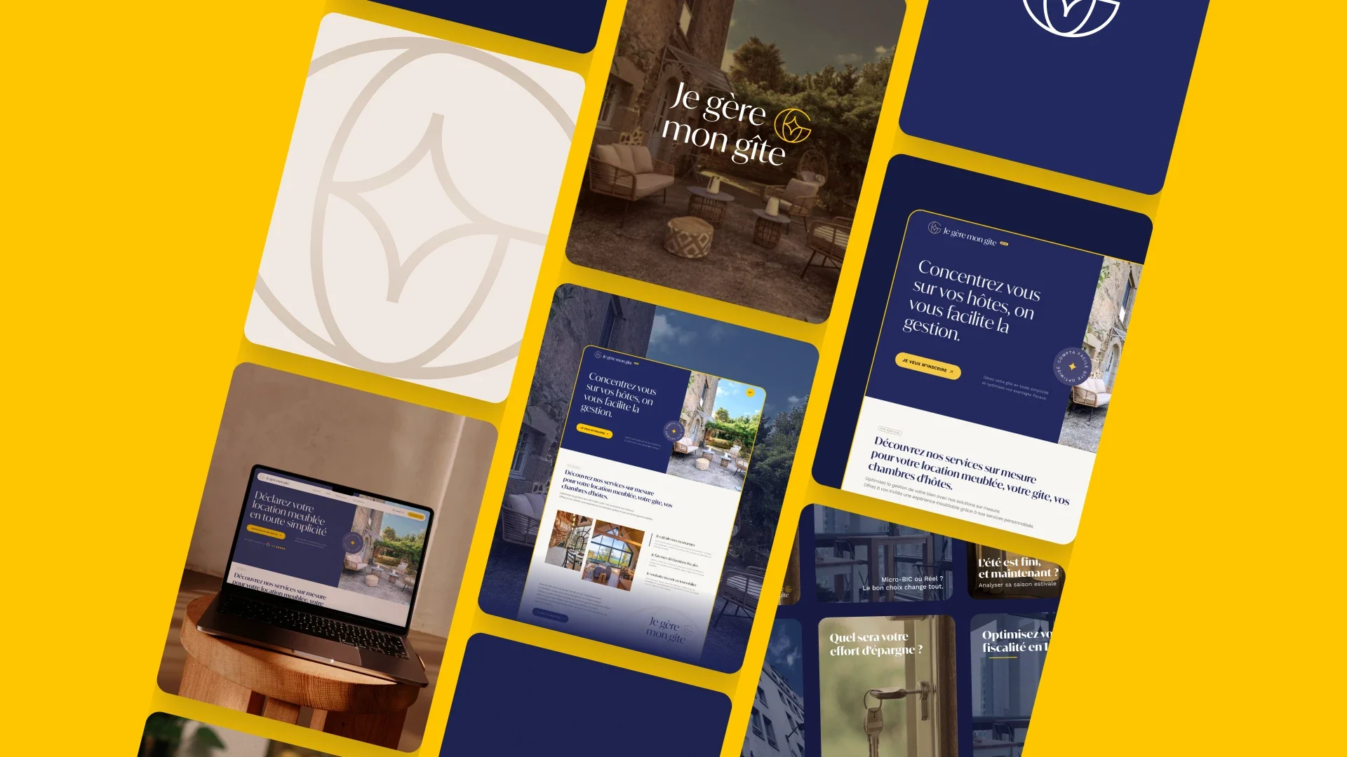 Composition inclinée sur fond jaune : pages du site, ordinateur et visuels sociaux Je gère mon gîte.