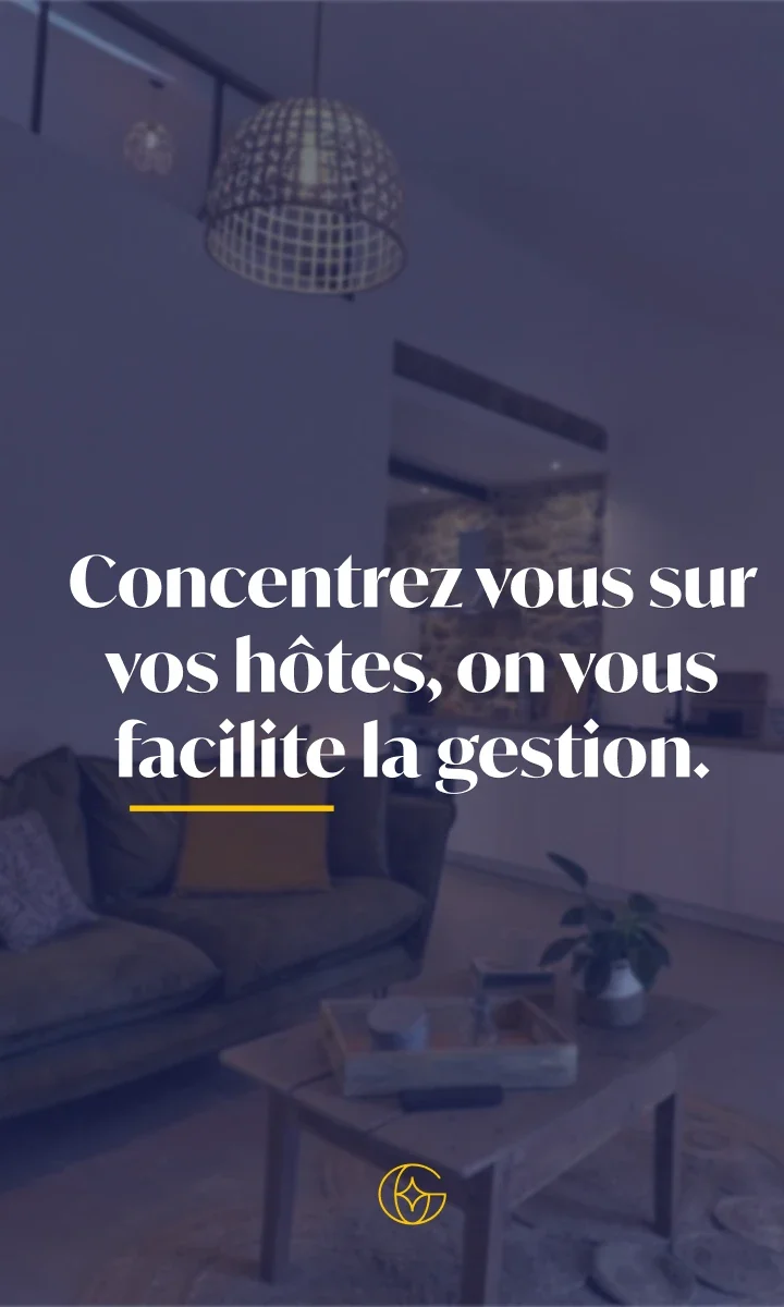 Story « Concentrez-vous sur vos hôtes, on vous facilite la gestion. » sur une photo d’intérieur teintée de bleu.