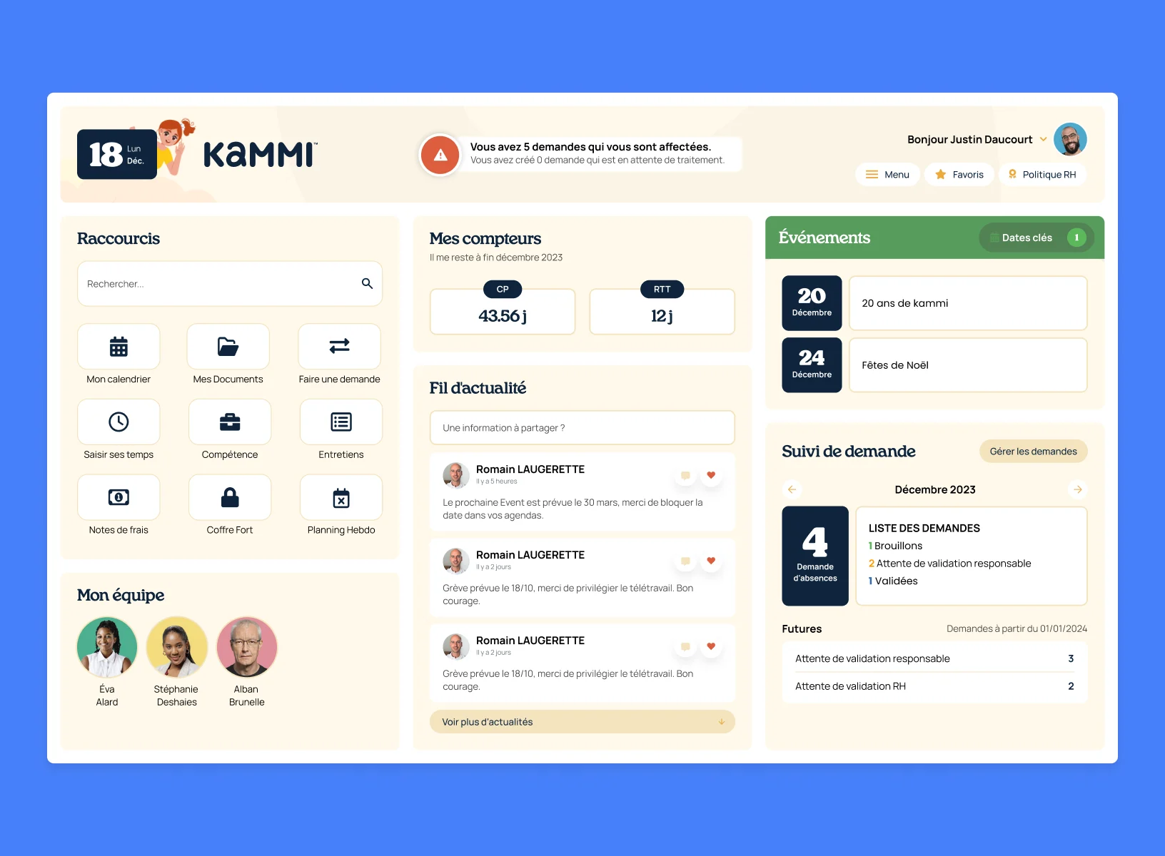 Tableau de bord de l’application Kammi : raccourcis, compteurs de congés, fil d’actualité, événements et suivi des demandes.