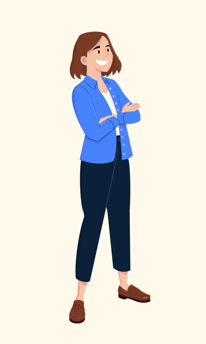 Illustration Kammi : une femme souriante, bras croisés, veste bleue.