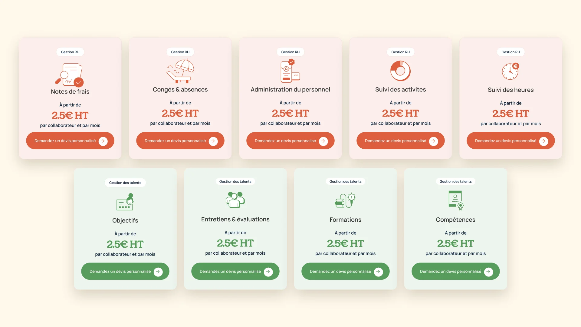 Cartes tarifaires des solutions Kammi, en terracotta pour la gestion RH et en vert pour les talents.