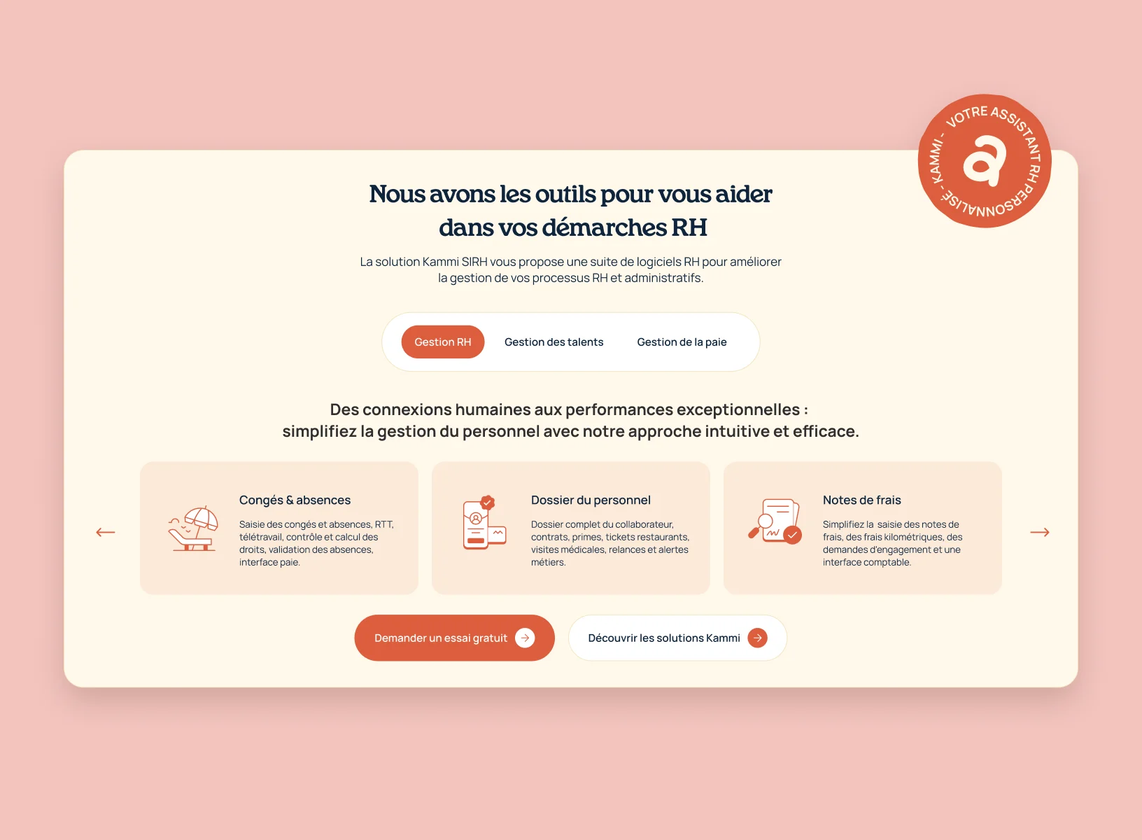 Section des offres du site Kammi, univers Gestion RH en terracotta : congés, dossier du personnel, notes de frais.