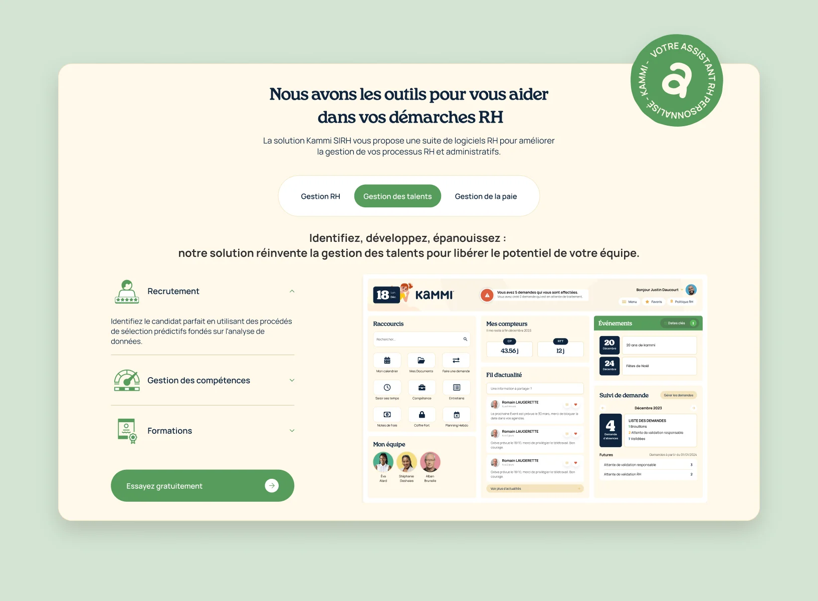 Section des offres, univers Gestion des talents en vert : recrutement, compétences, formations et aperçu de l’app.
