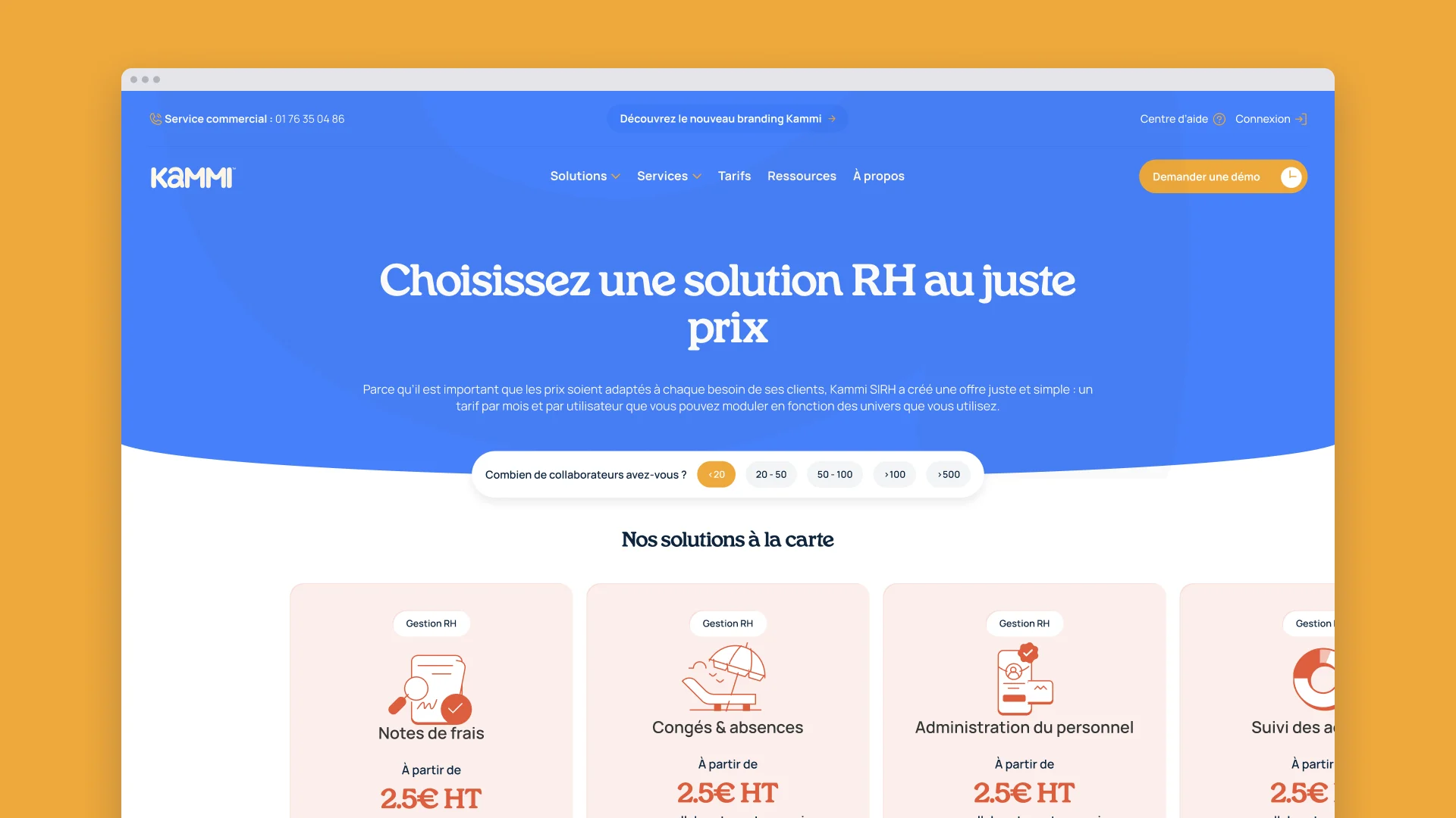Page Tarifs du site Kammi : choix du nombre de collaborateurs et solutions à la carte.