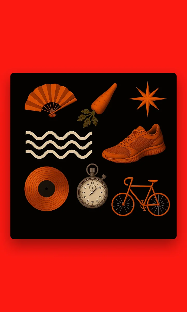 Icônes Moiré orange sur fond noir : éventail, carotte, vagues, basket, disque, chronomètre, vélo.